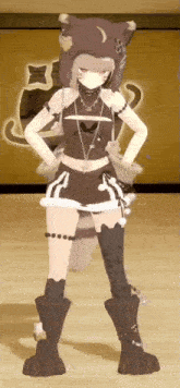 a girl in a cat costume is standing on a wood floor with her hands on her hips