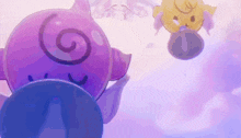 a purple and yellow balloon with a spiral on it is flying in the air .