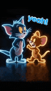 a neon sign of tom and jerry standing next to each other in the dark .