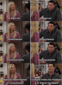 a man and a woman are talking to each other and the woman is saying " aqui no fomentamos el consumismo "