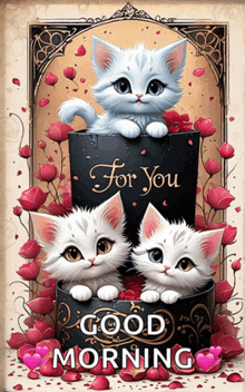 three kittens sitting on top of a book that says " for you " and " good morning "