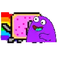 a pixel art drawing of a purple monster holding a rainbow sword next to a pink toaster .