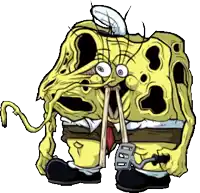 a cartoon drawing of a spongebob holding a pair of chopsticks in his mouth