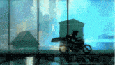 a silhouette of a person riding a motorcycle in front of a window that says ' avengers '
