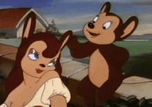 a couple of cartoon characters standing next to each other one of which is a monkey