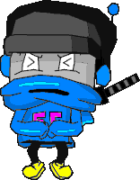 a cartoon character with a blue scarf around his neck and a yellow shoe