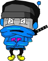 a cartoon character with a blue scarf around his neck and a yellow shoe
