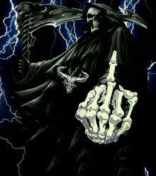 grim reaper with a scythe and a middle finger