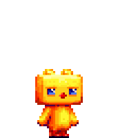 a pixel art of a yellow chicken with blue eyes and a red nose .