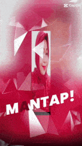 a picture of a woman in a red head scarf is surrounded by triangles and the words mantap