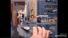 a person is painting a city street scene with a spatula and the words made in animotica on the bottom