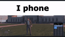 a man in a suit is standing in front of a large building with the words i phone above him