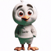a cartoon bird wearing a white lucky hoodie