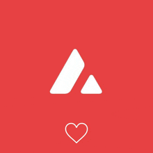 a white triangle on a red background with a small heart below it