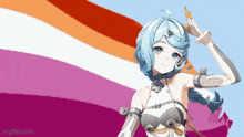 a pixel art of a girl standing in front of a lesbian pride flag