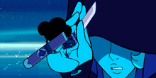 a cartoon of a person holding a knife with the letter c on the blade