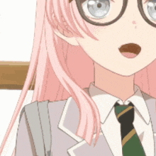 a girl with pink hair wearing glasses and a green tie