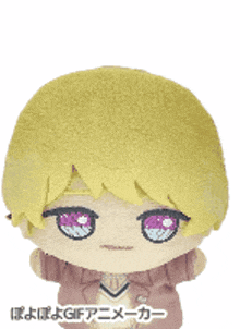 a stuffed toy with a yellow hair and pink eyes