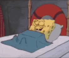 a cartoon drawing of spongebob laying in bed
