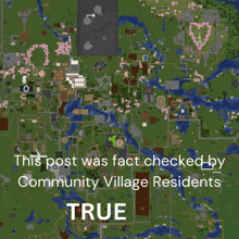a map of a city with the words " this post was fact checked by community village residents " on the bottom