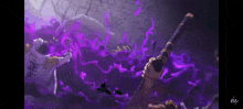 a pixel art painting of a man holding a sword in a dark room surrounded by purple smoke .