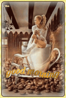 a woman sits on a cup of coffee with the words good morning written on it