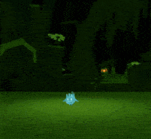 a ghost is standing in the middle of a green field with a glowing light coming out of it .