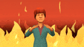 a cartoon character with red hair stands in front of flames