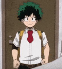 a cartoon character with green hair is standing in front of a door .