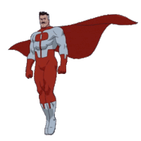 a man in a red and white superhero costume with a red cape is standing on a white background