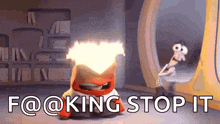 a cartoon character with a fireball coming out of his head and the words " f @ @ king stop it "