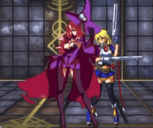 a cartoon of a woman in a purple witch costume holding a gun