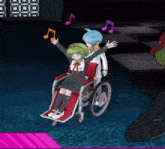 a girl in a wheelchair is being pushed by a boy in a blue shirt