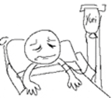 a drawing of a person laying in a hospital bed with an iv .
