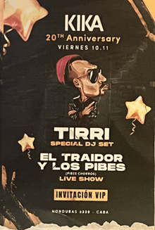 a poster for a 20th anniversary party with a man smoking a cigarette