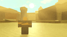 a video game character is standing in a desert with buildings in the background