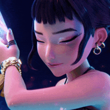 a close up of a woman 's face with her eyes closed wearing earrings and bracelets