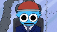 a blue cartoon character wearing a red hat and a blue suit