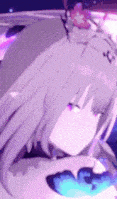 a close up of a girl with purple hair and a butterfly in the background
