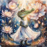 a painting of an alligator wearing a white dress