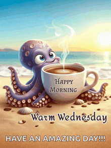 a cartoon octopus holding a cup of coffee on the beach