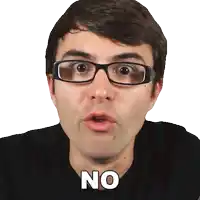 a man wearing glasses and a black shirt has the word no on his face