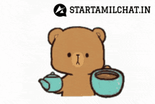 a cartoon of a teddy bear drinking from a cup with the words starttamilchat.in below