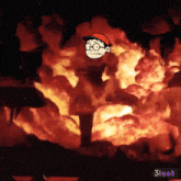 a cartoon of a boy with glasses and a red hat standing in front of a fire