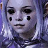 a close up of a person 's face with black eyes