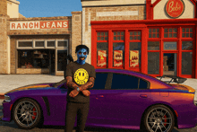 a man wearing a blue mask stands in front of a purple car in front of a store called ranch jeans