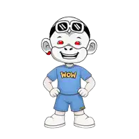 a cartoon character is wearing a blue shirt that says wow