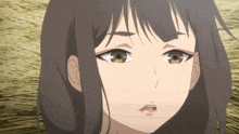 a close up of a girl 's face with brown hair