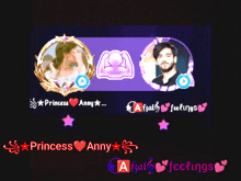 a man and a woman are displayed on a purple background