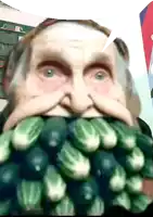 a man with a bunch of cucumbers in his mouth and a speech bubble above his head
